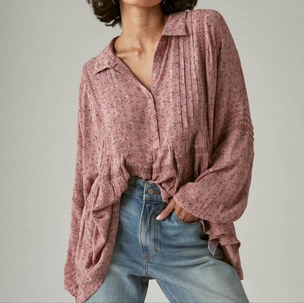 Lucky Brand Floral Popover Blouse Boho Embroidered Long Sleeve Flowy Top Pink